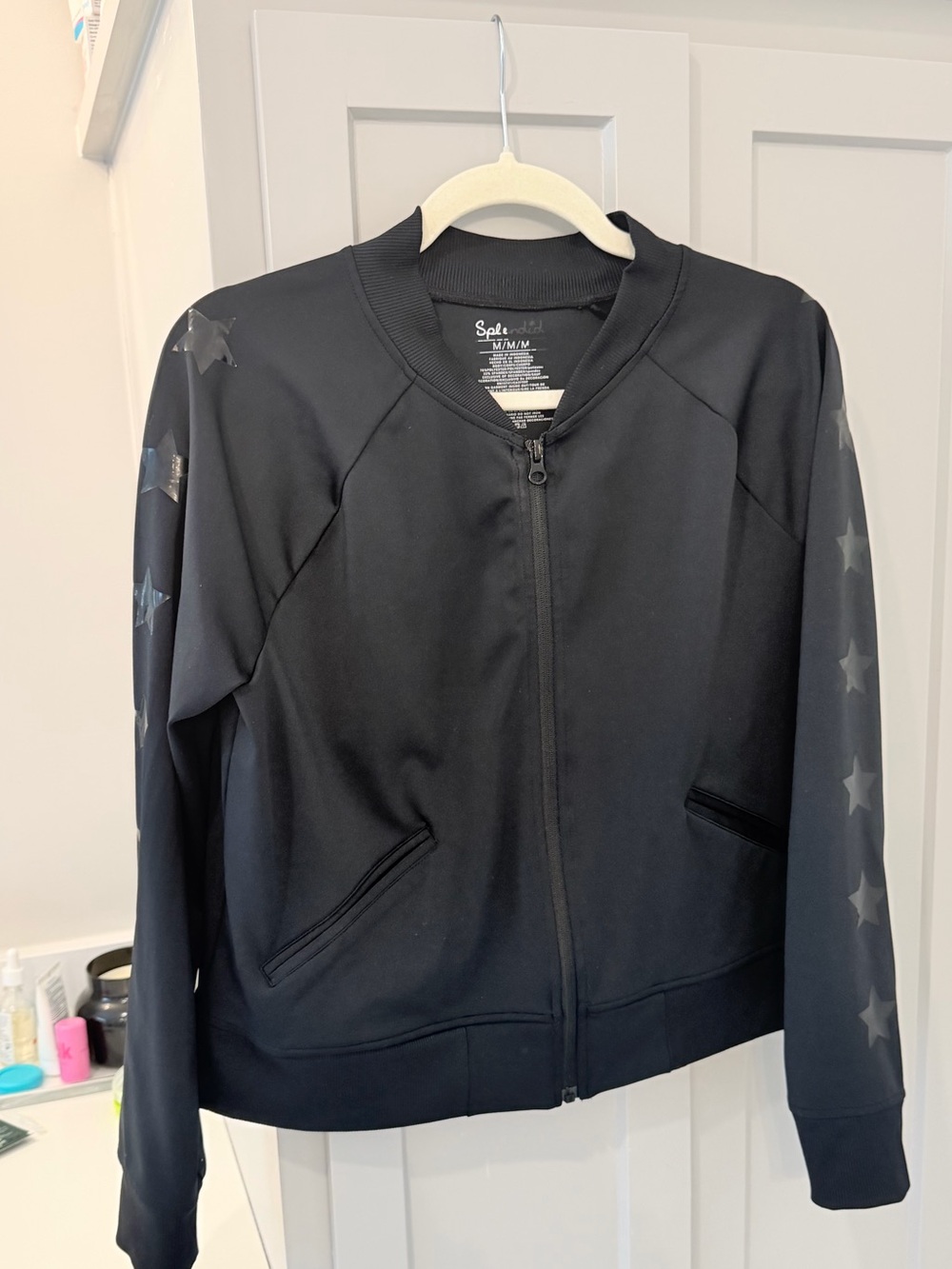 Splendid Black Women's Zip Bomber Jacket with Star-Print Sleeves Medium